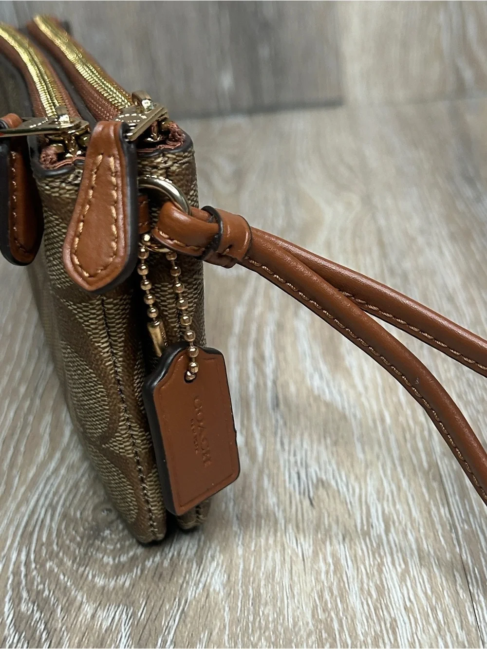 COACH Double Zip Wristlet in Signature Canvas Khaki Saddle Brown Wallet⁠